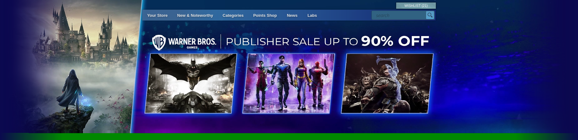 Warner Bros. Games banner at top of Steam homepage.