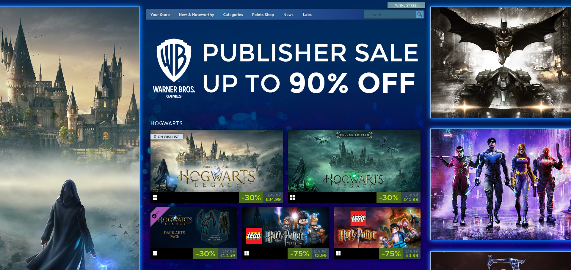 Warner Bros. Games publisher sale page on Steam.