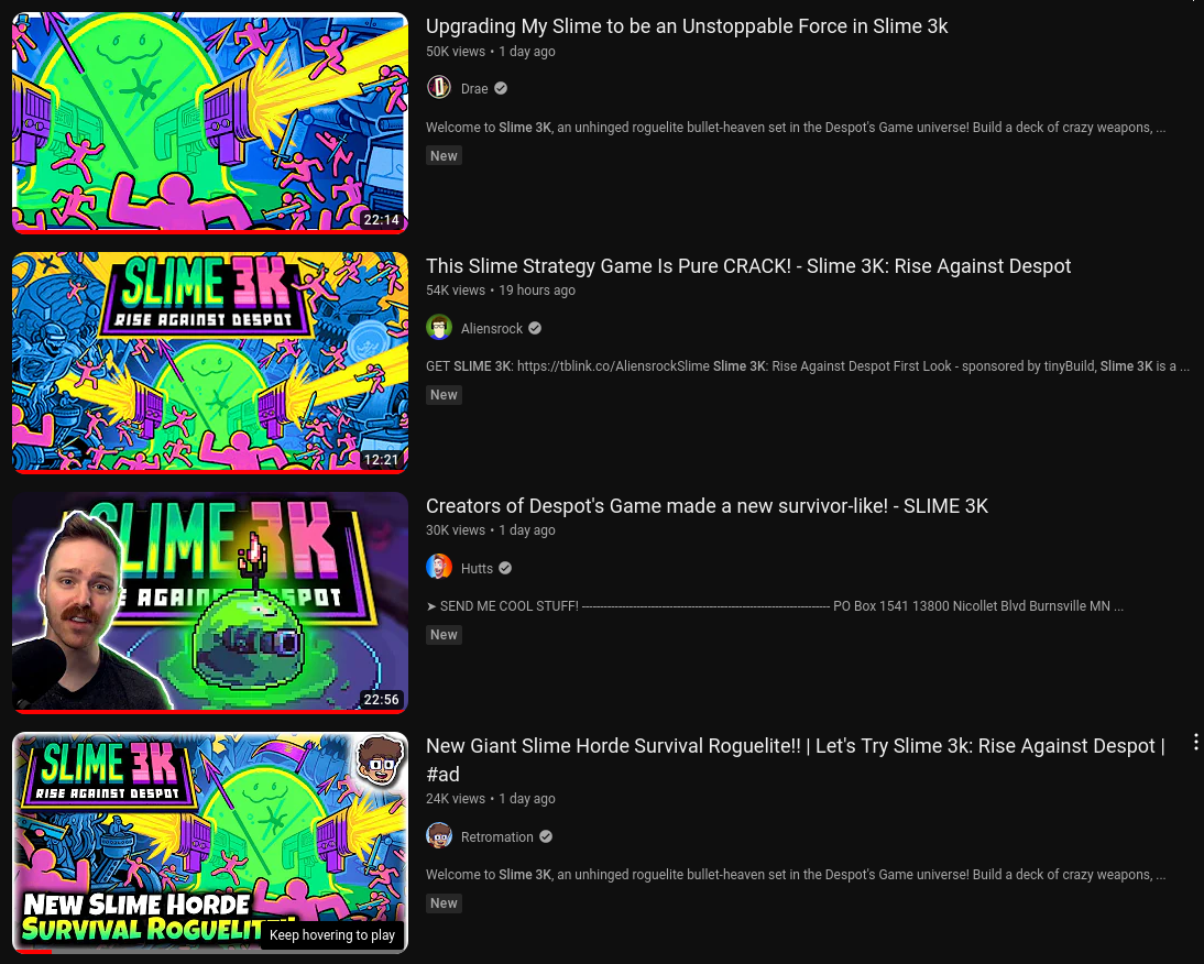 Sponsored videos from YouTube influencers for Slime 3K.