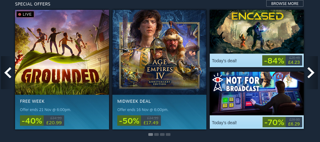Special offers section of the Steam homepage on 14 November.