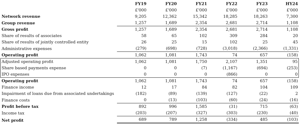 Income statements for FY19 to HY24.